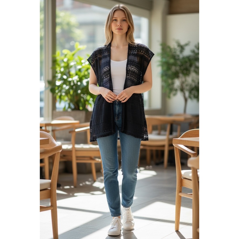 Michael Stars Black Lace Crochet Vest‎ Cardigan Open Front Sleeveless Layering
